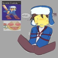 blushing break_in_(series) gray_background roblox_game self_upload spread_legs suggestive sweating the_protector_(break_in_2) thought_bubble tied_up ushanka yellow_skin