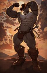 abs absurd_res anthro beard boots bulge clothing cowboy_boots cowboy_hat digital_media_(artwork) equid equine facial_hair facial_piercing flexing flexing_bicep footwear hat headgear headwear hi_res horse internaledge male mammal muscular muscular_anthro muscular_male nose_piercing nose_ring outside pecs piercing ring_piercing sheathed_knife shoes standing