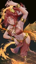 afk_arena afk_journey armpits barefoot belly_dancer belly_dancer_outfit bocas_top fox_ears fox_girl fox_tail harem_girl harem_outfit harem_pants long_hair natsume_koji navel_piercing red_hair satrana voluptuous