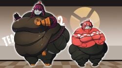 2girls alternate_version_available belly belly_overhang breasts fat female female_focus female_only hips large_breasts mimi_sentry obese obese_female overweight overweight_female red_eyes red_hair robot robot_girl robot_humanoid roxas617 sentry_(team_fortress_2) sharp_teeth stomach team_fortress_2 thick_thighs thighs thumbs_up valve weight_gain wide_hips