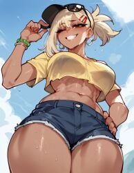 1girls ai_generated blonde_hair chainsaw_man crop_top dark-skinned_female dark_skin denim_shorts female floppydisc grin gyaru hairclip higashiyama_kobeni highres large_breasts ponytail solo solo_focus sweat toned_female yellow_shirt