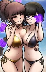 2girls adjusting_glasses big_breasts bikini breast_squish closed_eyes eyes_open female_only glasses golden_bikini imminent_bondage lipstick magic magnolia-baillon necklace necklace_between_breasts omniv original original_character rope side_tie_bikini