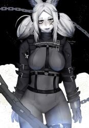 1girl animal_ears bodysuit breasts broken_chain chain chained cowboy_shot cuffs dya_rikku_(vtuber) face_markings facial_mark female forehead_mark fox_ears greyscale jacket large_breasts long_sleeves looking_at_viewer metal_collar monochrome skin_tight smile solo twintails virtual_youtuber vyugen weapon white_hair