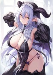 arms_up breasts choker cleavage demon_girl demon_horns demon_tail demon_wings detached_sleeves guchico_(guchico77) horns large_breasts long_hair no_bra nun original pelvic_curtain pointy_ears purple_hair revealing_clothes sideboob sideless_outfit tail thighhighs wings yellow_eyes