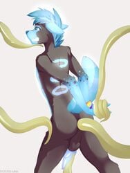 2015 anal anthro blue_hair blue_nose bondage bound canine cute fur girly glowing hair knot male mammal penis rinax tentacle twink wolf wristband zazush-una