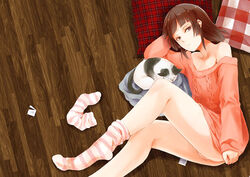 1boy bangs bare_shoulders blunt_bangs brown_eyes brown_hair candy cat collarbone feline feral fur kaname_(locon) knee_socks kneehighs kneesocks locon lollipop lying male on_floor original pink_socks short_hair socks socks_removed striped_socks sweater sweater_pull testicles trap white_socks