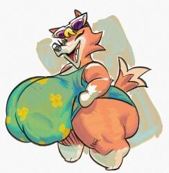 animal_crossing audie_(animal_crossing) breasts female fox fur huge_ass huge_breasts nintendo nipple_bulge nondelismell sunglasses sunglasses_on_head thick_thighs video_games wide_hips wink