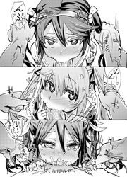 3girls :>= asanagi deepthroat fellatio hair_grab heart heart-shaped_pupils i-19_(kantai_collection) isuzu_(kantai_collection) kantai_collection monochrome multiple_girls murasame_(kantai_collection) oral symbol-shaped_pupils tied_hair tone_(kantai_collection) twintails