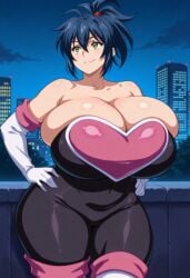 1girls ai_generated breasts civitai cleavage crossover dark_blue_hair gigantic_breasts hands_on_hips huge_breasts manyuu_chifusa manyuu_hikenchou rouge_the_bat_(cosplay) samurai solo unclego yellow_eyes