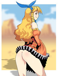 ass blonde_hair bottomless desert dress dress_lift female female_only freckles from_behind jane_maxwell long_hair no_panties outdoors ribbon skirt_lift smile solo sony standing wild_arms yellow_eyes