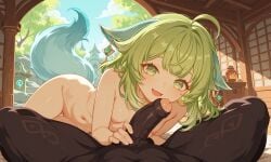 ai_generated dark-skinned_male excited foreskin genshin_impact happy honkai:_star_rail huohuo_(honkai:_star_rail) imminent_oral mitachurl petite size_difference small_breasts