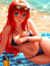 beach bikini blue_eyes blush female female_only high_school_dxd huge_breasts human red_hair rias_gremory sand seeker_(artist) solo source_request