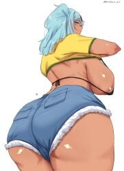 1girls areolae areolae_slip ass back_view big_breasts blue_eyes blue_hair bra brazil brazilian brazilian_female brazilian_miku breasts dark-skinned_female hatsune_miku latin_american_hatsune_miku_(meme) looking_back omikami shorts sideboob solo solo_female tan_body tan_skin thick_thighs thighs twintails vocaloid watermark white_background