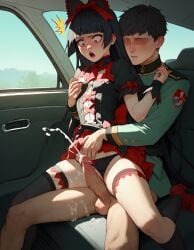 age_difference ai_generated breast_grab car car_interior cowgirl_position cum_on_leg cumming gate_-_jieitai_ka_no_chi_nite_kaku_tatakaeri goth gothic_lolita hand_in_panties military military_uniform panties_aside public rory_mercury rtxfus rtxfus34 rubbing_pussy small_breasts surprised thigh_highs thigh_sex thighs young younger_female