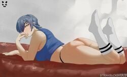 1girls 2024 absurd_res artist_name ass back bed big_ass big_breasts blue_eyes blue_hair blue_tank_top blue_topwear blush breasts chainsaw_man clothed clothed_female exposed_shoulders female female_focus female_only hi_res himeno_(chainsaw_man) indoors inside legs_up light-skinned_female light_skin looking_at_viewer lying_down lying_on_stomach on_bed short_hair socks solo solo_female solo_focus strawsucker1909 striped_socks tank_top thick_thighs thighs watermark white_socks