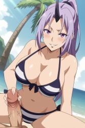 1boy 1boy1girl 1girls ai_generated ailya86 beach bikini blush blush day erection female handjob horn large_breasts looking_at_viewer outdoors parted_lips penis penis_grab pov purple_eyes purple_hair seductive seductive_eyes seductive_look seductive_smile shion_(tensei_shitara_slime_datta_ken) smug tensei_shitara_slime_datta_ken