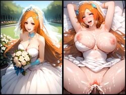 1boy 1girls ai_generated bleach cheating cheating_wife dark-skinned_male dark_skin female inoue_orihime kiss-shot missionary missionary_position netorare ntr sex straight wedding wedding_dress