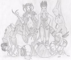 5girls african_mythology arachne_(smite) athena_(smite) bellona_(smite) egyptian_mythology european_mythology female freya_(smite) goddess greek_mythology hi-rez_studios middle_eastern_mythology mythology norse_mythology restrained roman_mythology serqet_(smite) short_hair sketch smite tattoo web