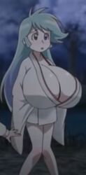 1girls blue_hair breast_expansion dororon_enma-kun huge_breasts solo yukiko yukionna