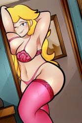 arkeus ass big_breasts blonde_hair blue_hair bra breasts looking_at_viewer mario_(series) panties princess_peach tagme