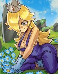 1girls blonde_hair blue_eyes blue_overalls breasts clothing crown female female_only garden human mario_(series) moxydrawsmore nintendo overalls princess_rosalina solo super_mario_galaxy