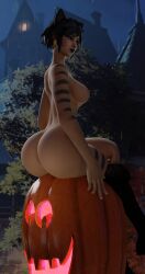 1girls alternate_costume awilix_(smite) big_ass big_breasts black_hair feline_fashion_awilix female female_only frostedzai_(artist) goddess halloween hi-rez_studios mythology nude pinup smite solo tan_skin