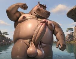 1boy ai_generated anthro armpit_hair armpits balls bara big_balls big_muscles big_nipples big_pecs big_penis booster_rex chest_hair daddy dilf erect_nipples erection fat fat_belly gay grey_body hair hairy hairy_male happy_trail hippopotamid hippopotamus huge_balls huge_cock huge_muscles huge_nipples huge_pecs hunk madagascar_(series) male male_only moto_moto nipples nude obese obese_anthro obese_male overweight overweight_anthro overweight_male pecs penis pubic_hair solo thick_eyebrows water