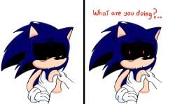 ankifun chest_grab comic confused confused_look cute english_text gloves grabbing_chest hedgehog interspecies looking_at_viewer male outdoors question_mark questionable_consent red_eyes solo_focus sonic.exe sonic.exe_(character) sonic.exe_(series) sonic_(series) sonic_the_hedgehog_(series) touching_breast