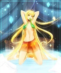 arms_behind_head bed biting_clothes blonde_hair koveliana long_hair pose posing skirt stella_(winx_club) winx_club