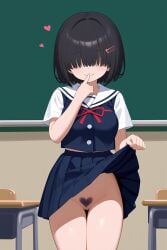 1female 1girls ai_generated black_hair female flanofart hair_ornament hair_over_eyes hairy hairy_pussy heart heart-shaped_pubic_hair hearts_around_head no_panties pubic_hair school_uniform schoolgirl short_hair skirt skirt_lift skirt_up smile smiling smiling_at_viewer solo solo_female tagme wierdgirl_(flanofart)