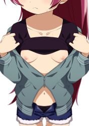 black_panties blue_shorts breasts closed_mouth collarbone eyes_out_of_frame female green_jacket highres jacket long_hair mahou_shoujo_madoka_magica medium_breasts morisobo navel nipples open_fly panties panties_under_shorts red_hair sakura_kyouko shorts simple_background solo sweat unbuttoned underwear white_background zipper