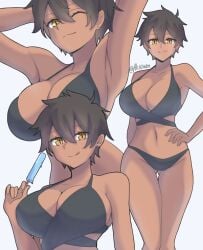 akazuan_19 bikini black_bikini dark_skin huge_breasts kurobe_natsumi_(shiromanta) looking_at_viewer smile