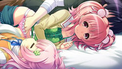 1boy 2girls artist_request blush character_request clover cuckquean fingering game_cg hairclip happy lying multiple_girls panties pink_eyes pink_hair pink_panties polka_dot_panties sex_next_to_sleeping_person sharing_bed sleeping smile source_request tied_hair twintails