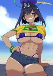 bikini bikini_under_clothes blue_eyes blue_hair brazil brazilian crop_top deep_skin denim_shorts hololive hololive_english large_breasts naughty_face ouro_kronii skindentation smile tan-skinned_female tan_skin tanline underboob virtual_youtuber