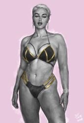 anatomically_correct anatomy artistic bikini bikini_bottom bikini_top digital_painting_(artwork) female female_focus female_only greyscale justsomenoob medium_breasts monochrome no_visible_genitalia nonsexual pinup realistic realistic_breast_size realistic_proportions realistic_textures slightly_chubby solo solo_female solo_focus stefania_ferrario swimsuit tasteful thick_thighs wide_hips