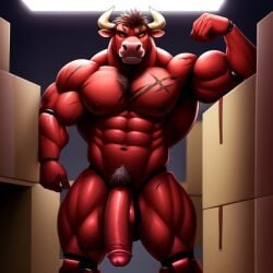 ai_generated animatronic anthro balls bara big_penis bovid bovine bull bull_(case) case_2:_animatronics fnaf frosting.ai furry furry_only gay male male_only muscles muscular muscular_male naked no_humans penis red_body scars sugar1989