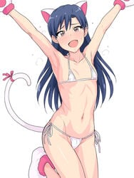 :d animal_ears armpits arms_up bikini blush cat_ears cat_tail cute_fang embarrassed female flat_chest gloves highres idolmaster kisaragi_chihaya looking_at_viewer micro_bikini midriff navel open_mouth paw_gloves paw_shoes side-tie_bikini smile solo sweat swimsuit tail tsurui