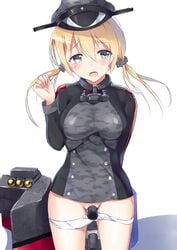 anchor_hair_ornament blonde_hair blush breasts female female_only hat henet_hene human kantai_collection long_hair looking_at_viewer masturbation military military_uniform panties panty_pull peaked_cap prinz_eugen_(kantai_collection) solo tied_hair twintails underwear uniform