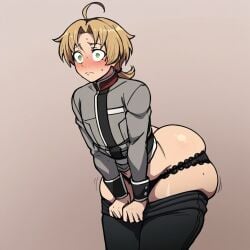 1boy 1male ahoge ai_generated ass_visible_from_the_front bangs big_ass big_butt black_clothing blackwhiplash_(style) blonde_hair blush civitai collar embarrassed femboy feminine_male front_view green_eyes huge_ass male male_focus male_only mushoku_tensei ponytail rudeus_greyrat small_bulge small_penis thick_thighs worried worried_expression