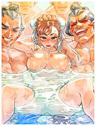 1girls 4boys after_fellatio blush breasts brown_hair bun_cover chun-li coed_bathing defeated double_bun edmond_honda female gangbang green_eyes large_breasts looking_at_viewer mimonel multiple_boys nipples open_mouth public_bathroom saliva_string spread_legs street_fighter water