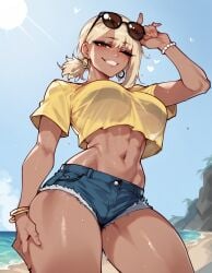 1girls ai_generated blonde_hair chainsaw_man crop_top dark-skinned_female dark_skin denim_shorts female floppydisc grin gyaru hairclip higashiyama_kobeni highres large_breasts ponytail solo solo_focus sweat toned_female yellow_shirt