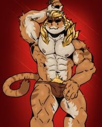 :3 absurd_res anthro clothed clothing domestic_cat epic_games felid feline felis finger_in_underwear fortnite hi_res male mammal meowscles meowtooth metrix muscular muscular_male navel nipples raised_arm red_background simple_background solo tail thong thong_only topless underwear underwear_only