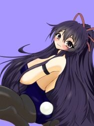 1girls 2d 2d_(artwork) ass ass_focus blush breasts bunnysuit date_a_live female_only light-skinned_female long_hair looking_at_viewer medium_breasts pantyhose purple_eyes purple_hair ribbon shirku solo solo_female solo_focus thighs variant_set yatogami_tohka