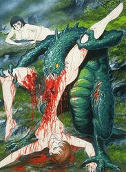 artist_request attack bite biting blood breasts corpse dead death female female_death gore guro monster multiple_girls nipples nude vore