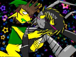 2boys alien black_body blush brown_hair elf gay jimbojimmy123 robot satire soupysdead tentacle tinklecouch7 tinklesoup yellow_skin