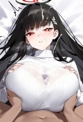 1boy 1girls ai_generated between_breasts big_breasts black_hair blue_archive blush breasts cum cum_in_clothes cum_on_breasts cum_on_face cum_through_clothes cumshot female large_breasts light-skinned_female light_skin long_hair looking_at_viewer male male_pov paizuri paizuri_under_clothes penis pov red_eyes rio_(blue_archive) straddling straddling_paizuri sweater white_sweater