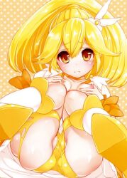 bike_shorts bike_shorts_under_skirt blonde_hair boots bow choker content_rating cure_march cure_peace eyelashes female hair_flaps hair_ornament halftone heart long_hair magical_girl nipples orange_choker polka_dot polka_dot_panties shorts skirt solo tears tiara torn_clothes yayoi_kise yellow_bow yellow_choker yellow_eyes yellow_shorts yellow_skirt yellow_theme
