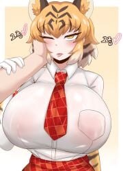 1boy 1girls bengal_tiger_(kemono_friends) big_breasts blush breasts female giant_breasts gigantic_breasts huge_breasts kemono_friends large_breasts male massive_breasts sangchussam tongue_out upper_body