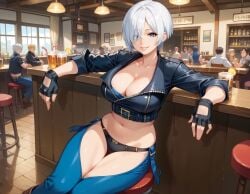 ai_generated angel_(kof) bar black_jacket chaps cleavage cropped_jacket hair_over_one_eye historyia king_of_fighters panties short_hair white_hair