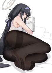 absurdres ass black_pantyhose blue_archive book english_text feet female from_behind halo highres holding holding_book kilabo library_committee_(blue_archive) long_hair looking_back panties pantyhose soles thighs toes trinity_general_school_student ui_(blue_archive) underwear